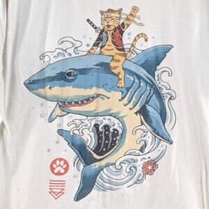 Threadless XL Graphic T Shirt Cat Riding Shark Japanese Style Art Cotton Tee